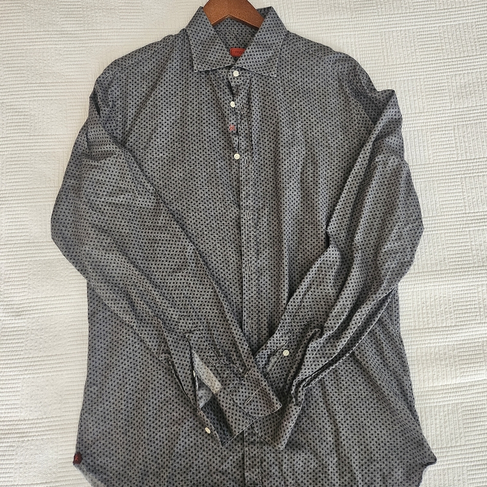 Isaia Grey and Black Button Down Shirt